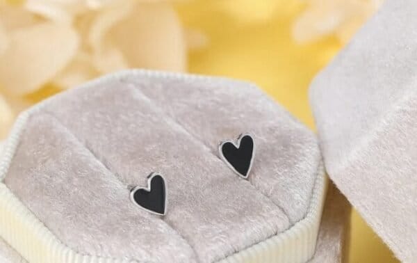 Black Enamel Heart Stud Earrings
